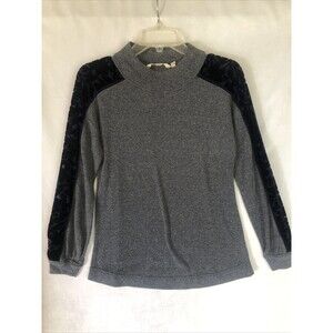 Soft Surroundings Gray Knit Shirt Top w/ Blue Velvet Sleeves, Cut-outs, Size XS
